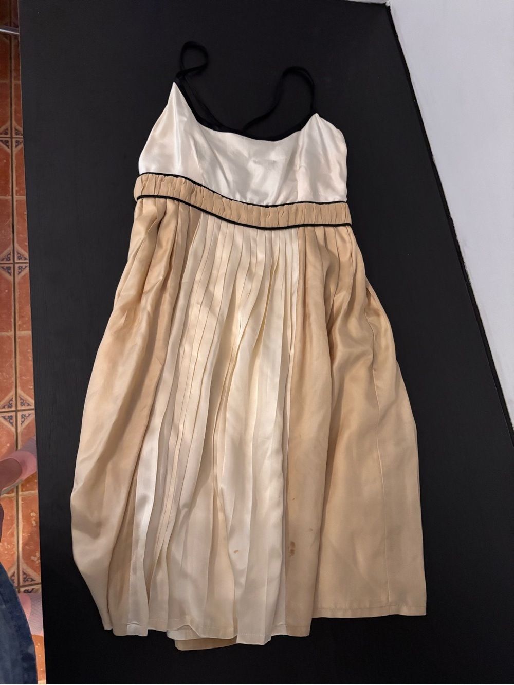 FlAWED GEM 💎 SILK Ivory and Beige Pleated Spaghetti Strap Dress with Black Trim
